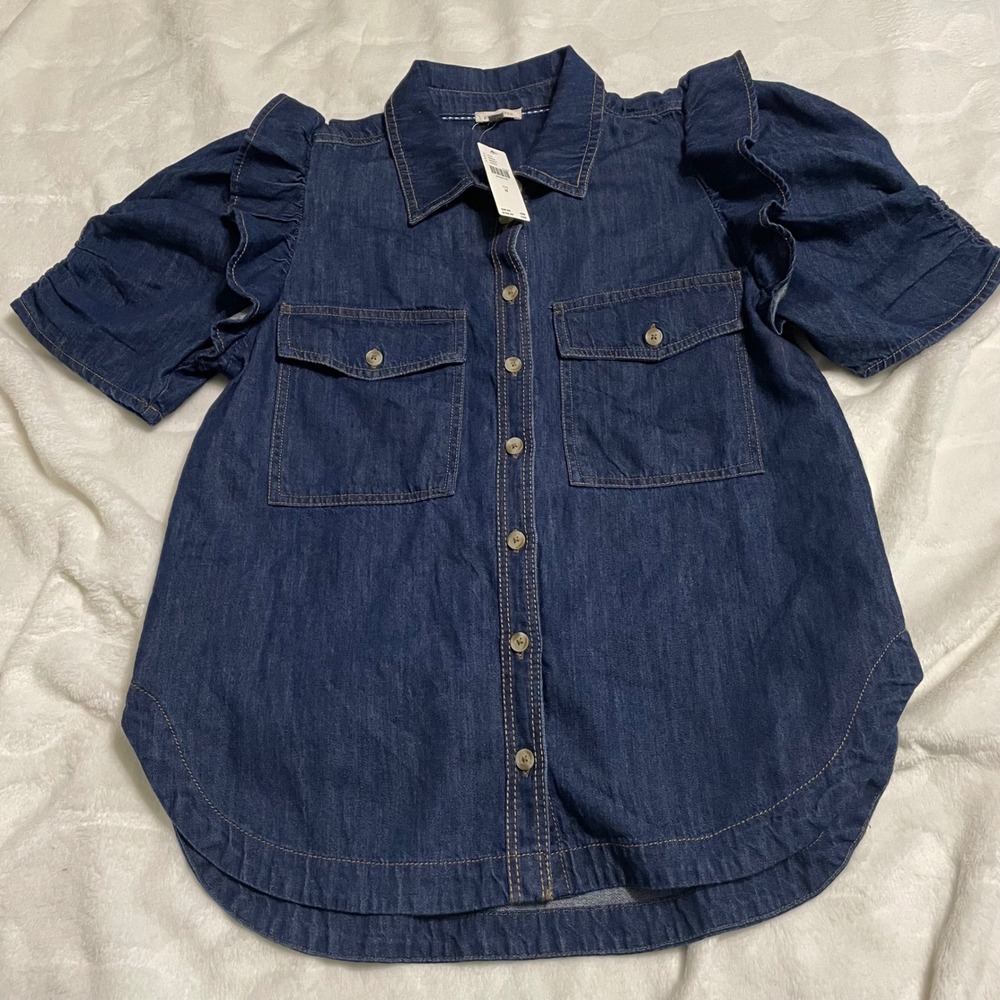 Pilcro Denim Shirt Womens M Indigo Ruffle Puff Sleeve Button Down OB2069259 - Picture 1 of 6
